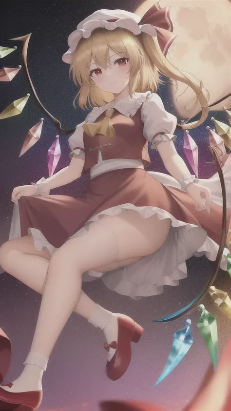 (masterpiece, best quality, ultra-high res, 8k, perfect anatomy, extremely detailed), ((touhou project)), (((flandre scarlet)))BREAK(1girl, cute girl, shiny body, shiny skin, small breasts), (blonde hair, side ponytail, red eyes, shiny eyes),BREAK(white so...