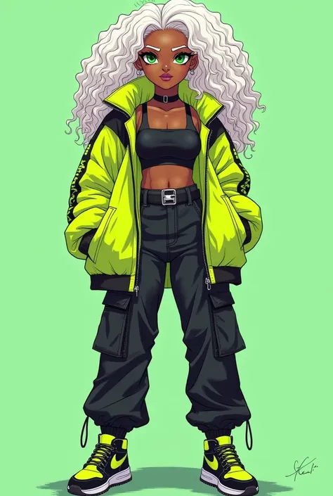 An 1 black girl who has albino hair, an eyebrow piercing, green eye, and long hair, wears a cropped tank top, a well-padded neon jacket and cargo pants, with skate shoes she is of average weight and her hair is very curly. Her body is full of curves and ve...