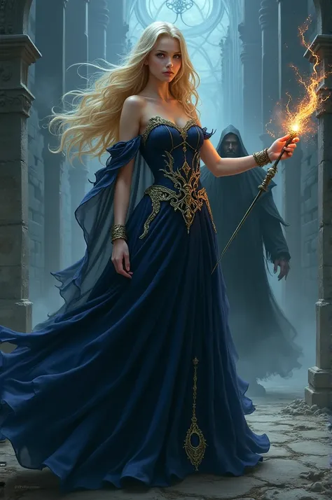 Beautiful blonde girl evil wizard with a magic wand in a dark blue dress with a robe 