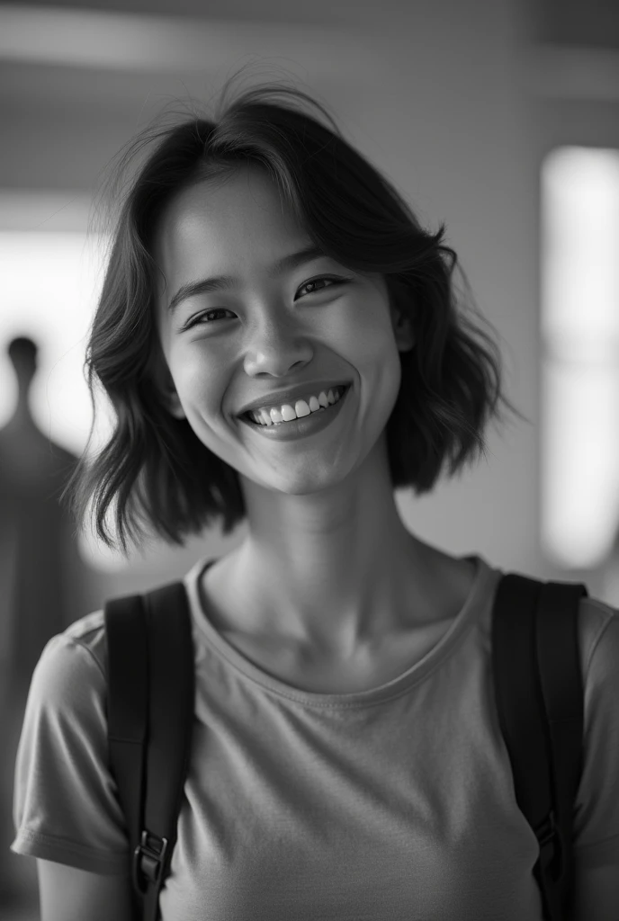 A photograph of a person, a female student with short hair down to her neck, who is happy and enjoying something. It is an A3 size photo, black and white color.