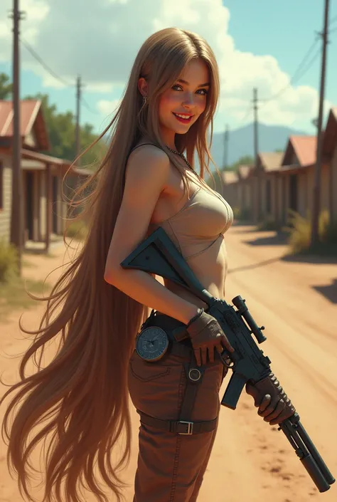 A cowgirl have guns.She have cute and young lady with triangle face,smile red lip,bosomy,light brown colour long hair,very thick and straight hair,hair is long to as long as the road, pony tail, his hair is 3 meters long and covered the hole body.The longe...