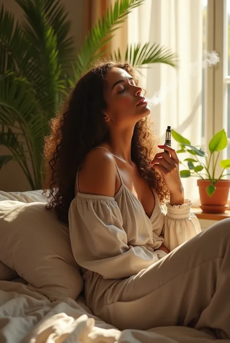 (photorealism:1.2), beautiful woman, sitting on bed, wearing loose off-shoulder top, pajama pants, long curly hair, indoors, soft lighting, plants in background, window with sunlight, cozy room, relaxed pose, realistic, intricate details, warm colors, vapi...