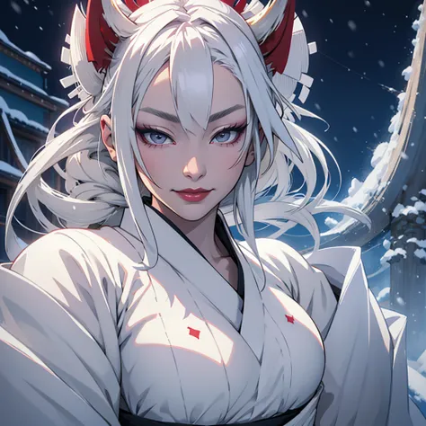 Yokai、Snow Woman、Center-parted white hair、Large Breasts、Red Lip、A pure white kimono that emphasizes her breasts、Dark night with snowstorm、Lonely atmosphere、A seductive smile、Snow-covered landscape、High resolution、masterpiece、Textured skin、high quality、Ultr...