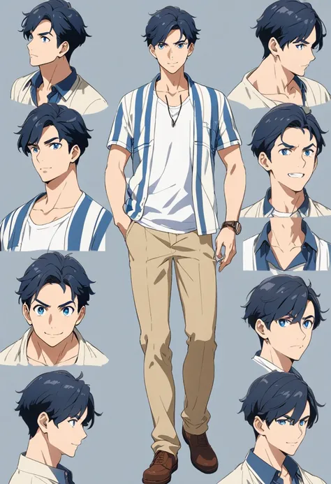 a character model sheet depicting the same character from three angles、men in casual clothes、supporting characters、blue eyes