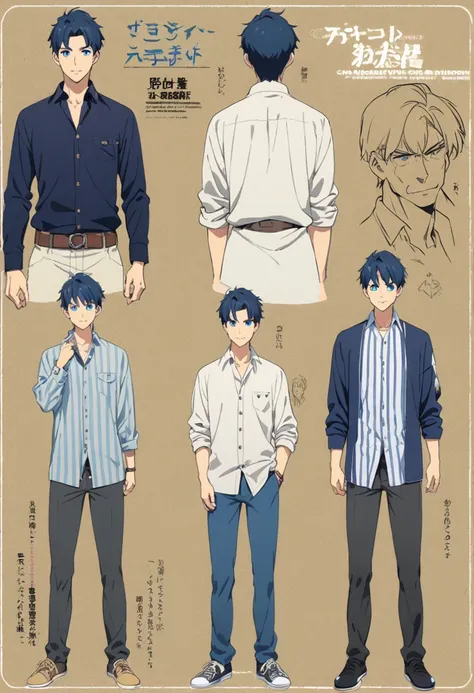 a character model sheet depicting the same character from three angles、men in casual clothes、supporting characters、blue eyes