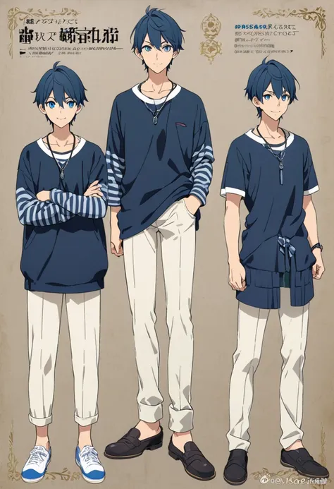 a character model sheet depicting the same character from three angles、men in casual clothes、supporting characters、blue eyes