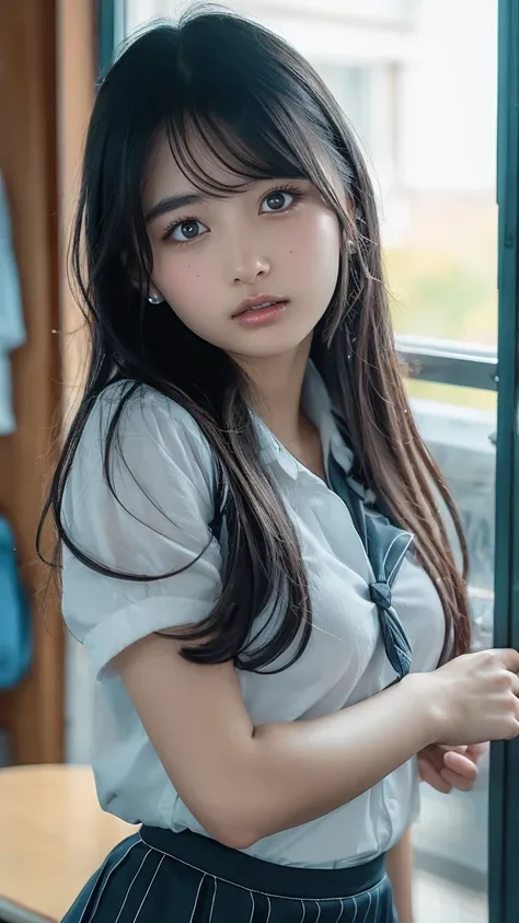 Long neck,Browsing Caution,Flat chest,Highest quality,Ultra-high resolution,1 person,whole body,Black Hair, bangs, Cool look,Looking into the camera,beautiful and delicate face,Fine and beautiful skin,Skin Texture,high school student, school uniform, (A wh...