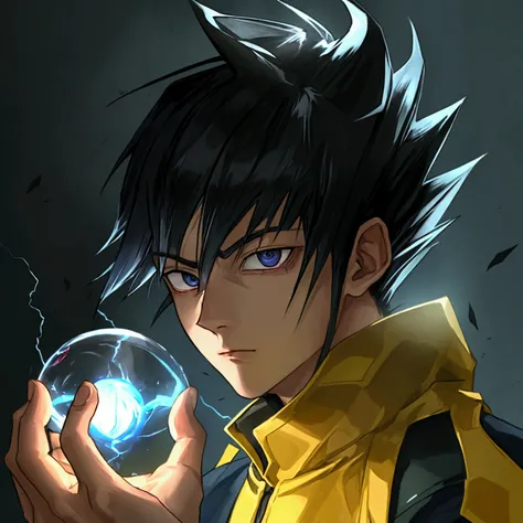 Seeing from the right, adult male, a character up to the waist, holding a black dark sphere of energy with lightning parts like a lightning bolt illuminating around the sphere and in the middle of it, as if it were destroying the sphere and dodging, but it...