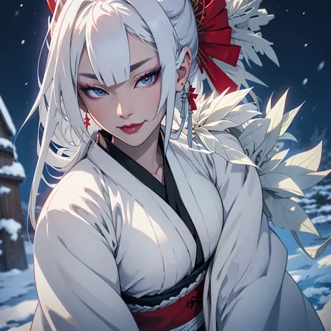 Yokai、Snow Woman、Center-parted white hair、4、Large Breasts、Red Lip、A pure white kimono that emphasizes her breasts、Dark night with snowstorm、Lonely atmosphere、A seductive smile、Snow-covered landscape、High resolution、masterpiece、Textured skin、high quality、Ul...