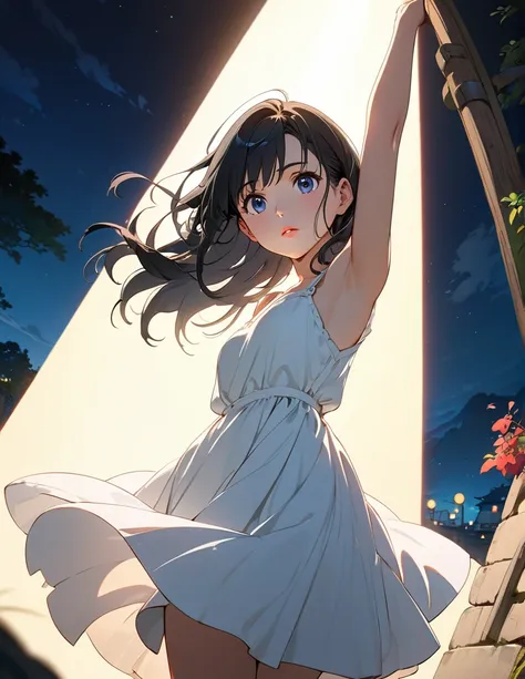 Ghibli style,(masterpiece, Best Quality:1.2), figure, anime, (Wide Shot), Model shoot,,One Girl, (Underarm), Long black hair, Pretty lips, Beautiful Face, beautiful eyes, White sundress, Backlight, Vibrant colors, night, 8k, Ultra HD,A look of determinatio...