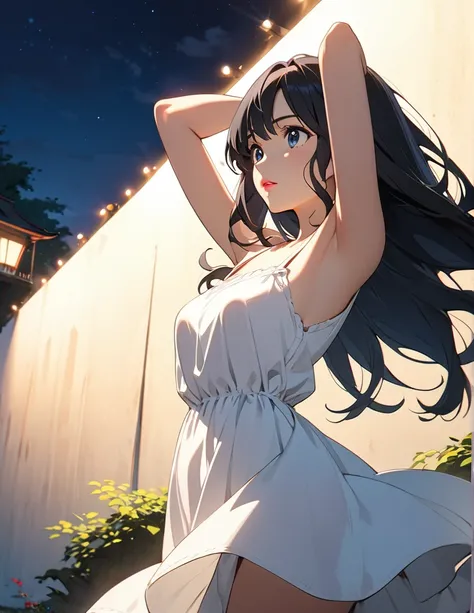 Ghibli style,(masterpiece, Best Quality:1.2), figure, anime, (Wide Shot), Model shoot,,One Girl, (Underarm), Long black hair, Pretty lips, Beautiful Face, beautiful eyes, White sundress, Backlight, Vibrant colors, night, 8k, Ultra HD,A look of determinatio...