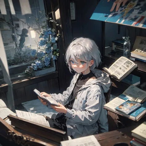 silver hair、blue eyes、、shortcuts、casual clothing、study、reading a book、high resolution, anatomically correct,