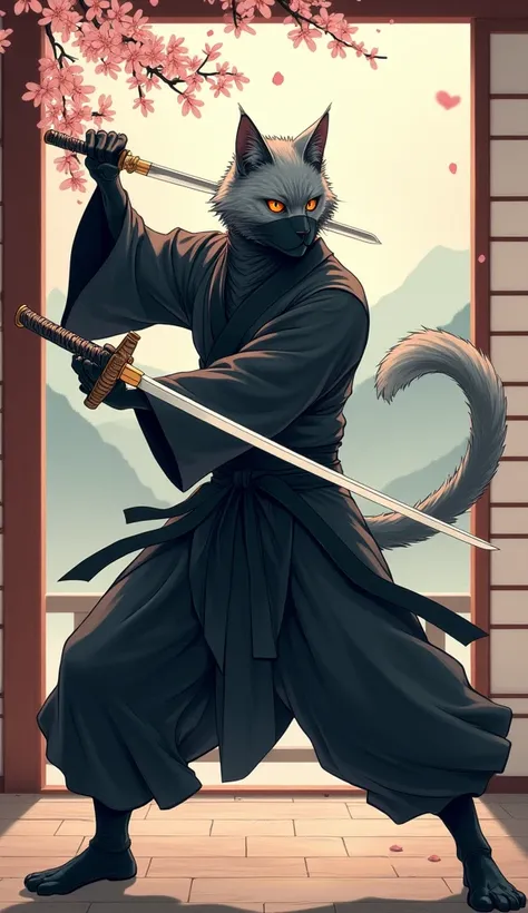 A humanoid gray male  ninja cat take of his sword in japanese style, he wear ninja dress, furry 