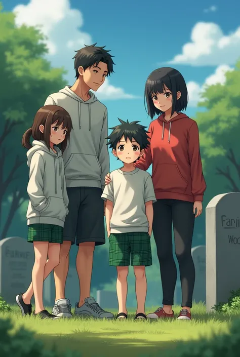 Anime boy in Green Plaid Shorts and Short Sleeve shirt with his 2 older sisters wearing hoodies and black pants and there mother in a red sweater at his Father’s grave