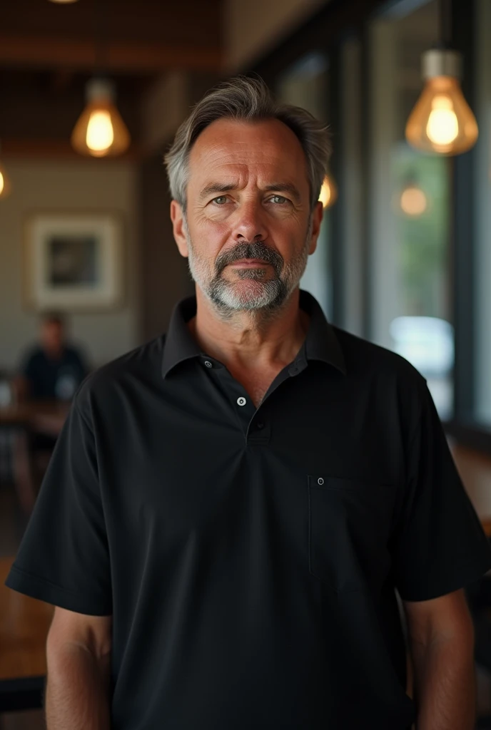 best quality, ultra high res, (photorealistic:1.4), masterpiece, blurry background,indoors,1boy,40 years old,standing ,(looking at viewer), black shirt, 