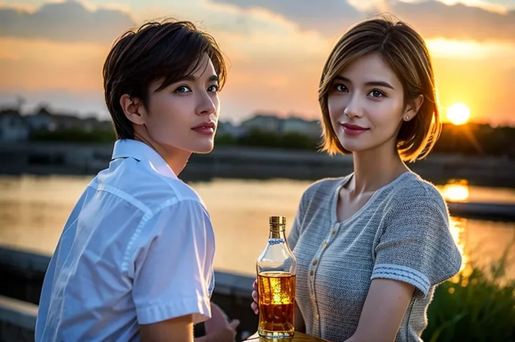 (Realistic, 超Realistic:1.4), 16K HDR, High resolution,Brown short hair,The best smile、Japanese actress,so beautiful(It looks like the real thing),Short sleeve dress,Whiskey Bottle、The Macallan、Johnnie Walker、、Old Parr、whiskey、Suntory、Nikka、Slim couple、Mode...