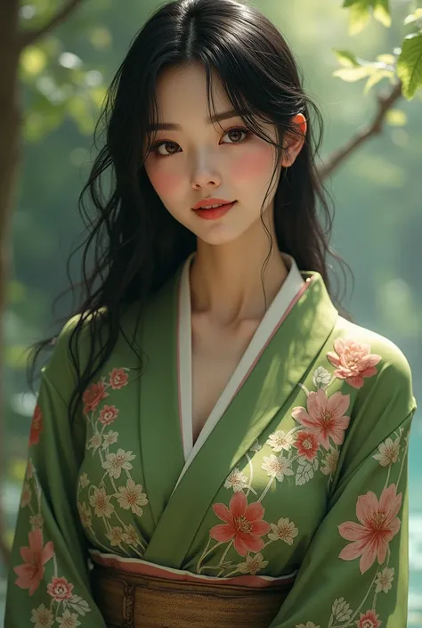 Japanese、Ample breasts、A diligent smile、Moss green kimono with floral pattern、Angle from waist up、cool、Looks just like Mayoi Ebihara