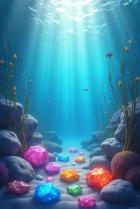 On the beautiful seabed、Draw a scene filled with colorful, sparkling stones.。The seawater is crystal clear.、Please express how the sparkle of the stone is reflected by the light shining through the water.。It&#39;s even better if there are small fish and se...