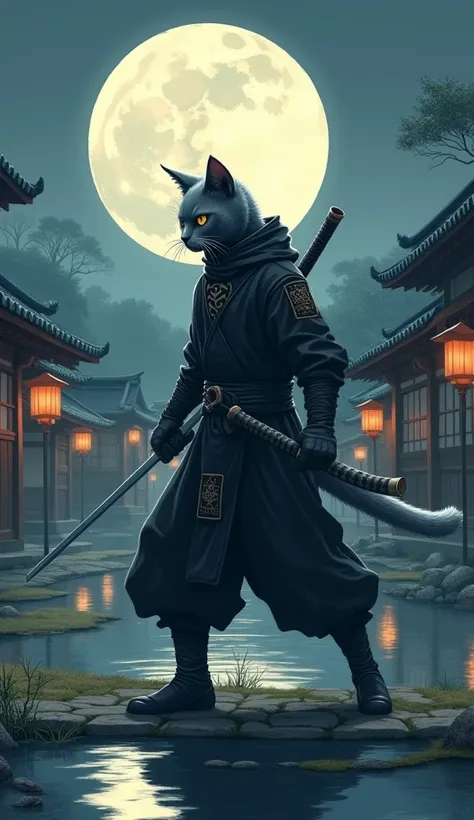 A humanoid gray male  ninja cat take of his sword in japanese style,  wear ninja dress, in the moon 🌙 night, alone town japanese style 