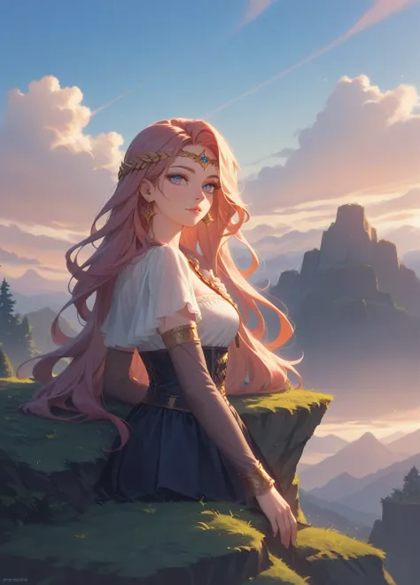 (masterpiece) (detailed) (close up) (portrait) adult female paladin girl, brilliant sky, beautiful eyes, seductive look, loving gaze:1.5, cliff sunset background, sitting