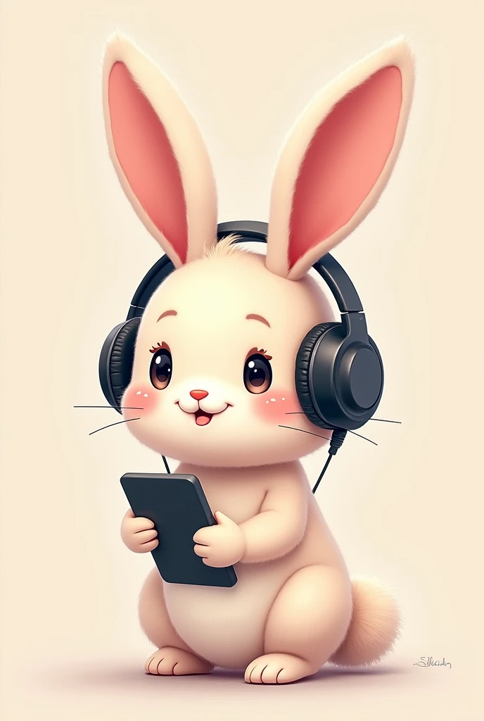 Rabbit with head phone and mobile phone in her hand