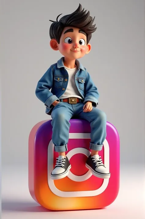 Create a 3D illustration of an animated character sitting casually on top of a social media logo "Instagram ". The character must wear casual modern clothing such as jeans jacket and sneakers shoes. The background of the image is a social media profile pag...