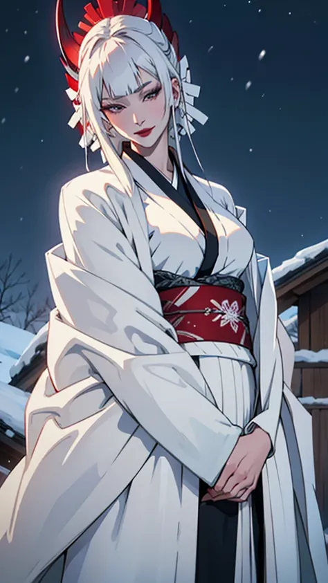 Yokai、Snow Woman、Center-parted white hair、4、Large Breasts、Red Lip、A pure white kimono that emphasizes her breasts、Dark night with snowstorm、Lonely atmosphere、A seductive smile、Snow-covered landscape、High resolution、masterpiece、Textured skin、high quality、Ul...