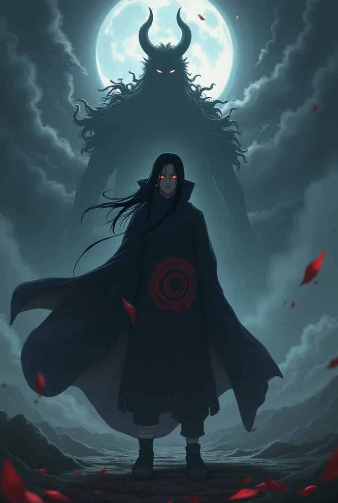 Create an image of Itachi UCHIHA using 4k resolution using dark background theme where Itachi UCHIHA is standing infront of his susano