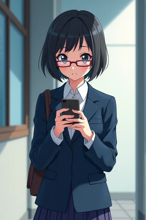 A short-haired girl with glasses and a Japanese school uniform looking at her phone, Japanese anime