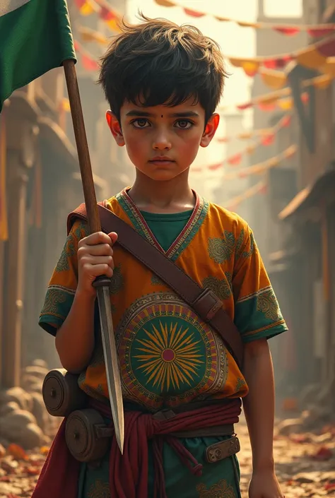 A boy wearing Afghanistani T-Shirt, has a Indian flag in one hand, and a knife on the other hand