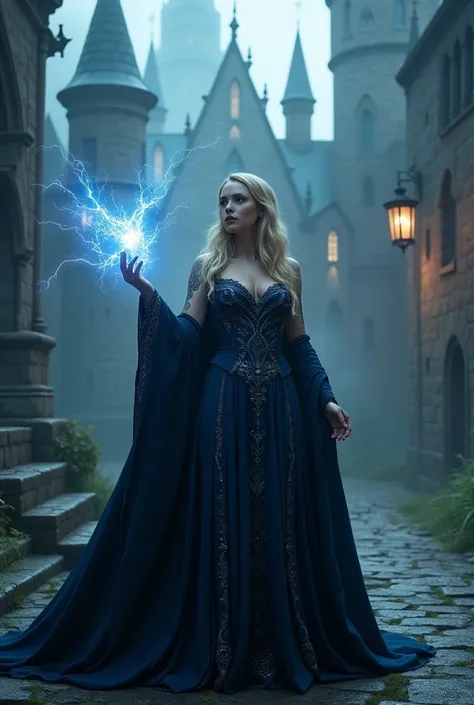 Beautiful sexy blonde girl evil wizard with a magic wand that emits light in a dark blue dress with a mantle in the style of Harry Potter against the background of a castle without men 