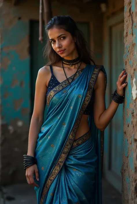 Indian Bondage bdsm in  blue shimmering sparkling saree handcuffed and black collar chained to a pole locked and hands tied behind the back in an indian slum house handcuffed 