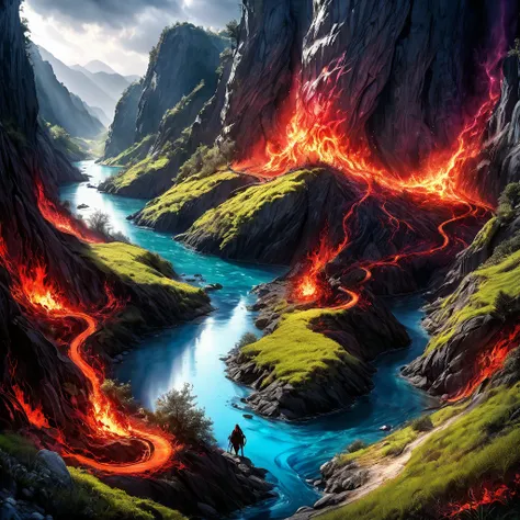 fusion of acrylic and watercolor paintings, finger painting artwork, Acheron River, King of Hell Hades, Journey to Hell, Landscape Painting, dark fantasy, glossy effects, delicate and dynamic textures, contrasts of light and shadow, 2.5D, artistic photogra...