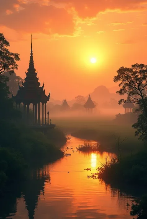 morning sunrise in Thailand, golden light spreading across the sky, silhouette of traditional Thai architecture, mist hovering over lush green fields, serene river reflecting the sunrise, vibrant and warm colors, calm and peaceful atmosphere, detailed text...