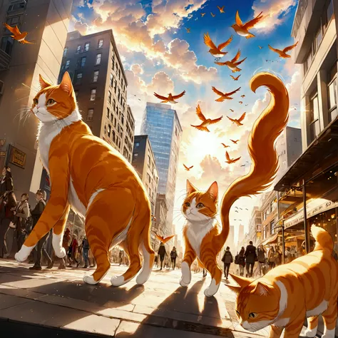 A white and orange cat drunk on beer walks in the middle of a big city in the morning with soft sunlight shining down. People walking by are rushing to work. Behind them, birds fly over tall buildings. The sky shows clouds.