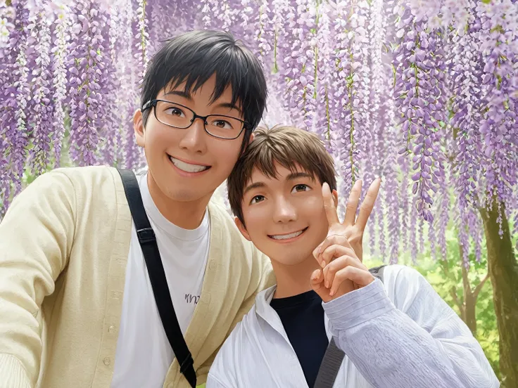 Create an anime-style illustration of a young man and woman standing under a wisteria canopy. Keep their facial features identical to the original photo. The man is wearing a light beige cardigan over a white t-shirt and glasses, smiling at the camera with...