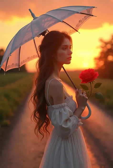 A beautiful girl realistic,with a umbrella, colour white ,with red rose ,in a road ,sun set behind her back 

