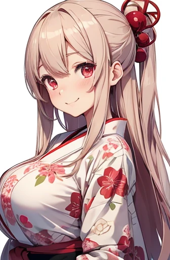 Anime, girl, long straight hair, pale blush hair, light red eyes, wearing a yukata, cute, look gently, massive boobs, smile, japanese traditional, villager, look clam, be human,