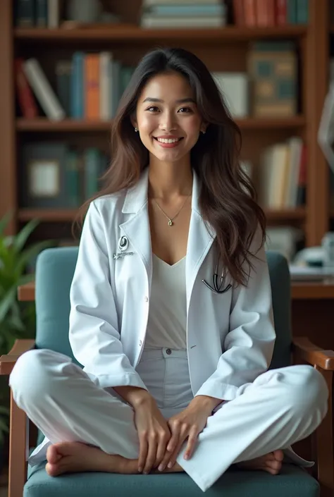 Beautiful woman/Sitting cross-legged on a chair/Be a doctor/Long hair