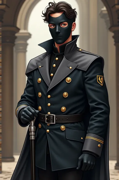 Cartoon. Male. Wearing black and gray uniform with a black United States Military VMI Cadet Overcoat with/Cape Gray Wool Buttons Thorngate. Fantasy medieval. Black cane with silver tip and handle. Wearing Black face mask of a smooth face.