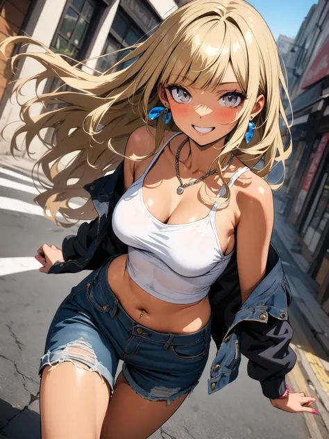 (masterpiece, best quality, very aesthetic, absurdres, newest), 1girl, perfect body, anatomically correct, 

20 years old, gyaru, BREAK ((tanned skin:1.3)), blonde hair, long hair, blunt bangs, wavy hair, BREAK (grey eyes:1.3), captivating thighs, medium b...