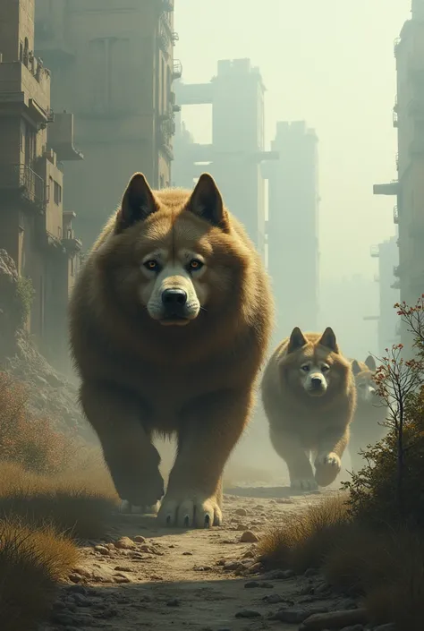 Create a post-apocalyptic world of fat dogs