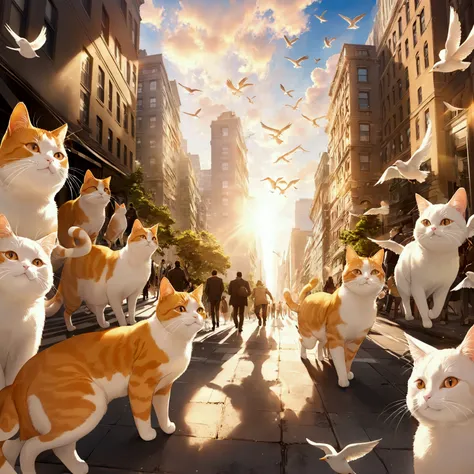 A fat orange and white cat walks in the middle of a big city in the morning with soft sunlight shining down. People walking by are rushing to work. Behind them, birds fly over tall buildings. The sky shows clouds.