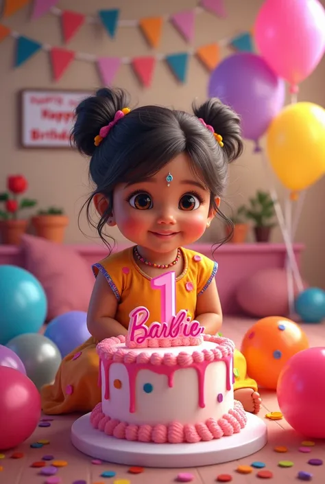 Create an image of girl kid celebrating first birthday. There need to be balloons all over the room. Happy Birthday tag need to be Plugged on the wall. The name card ‘“ANVITA” need to be plugged on wall along with Happy Birthday tag. 
There should be a cak...