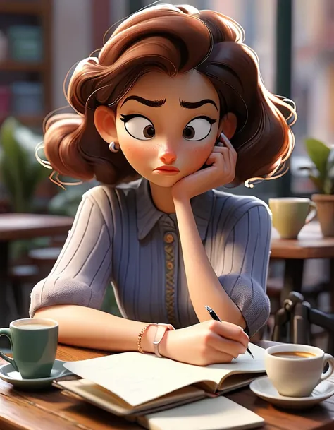 Depict a scene in a quiet café where a young woman is writing "Solutions for Communication Issues" in her notebook. She appears relaxed, gathering information from reference books and her smartphone. The background features a warm beverage and a calm atmos...