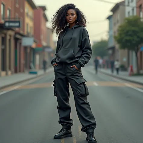 Photorealistic cinematic acrylic painting,which is made with 3D rendering of a beautiful black-skinned Latin American woman., curly dreadlocks hair blooming wearing a dark gray hoodie gradient black cargo pants knee length with lots of pockets, black shoes...