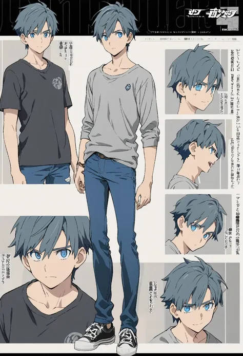 a character model sheet depicting the same character from three angles、blue-eyed plain boy、grey shirt and jeans、