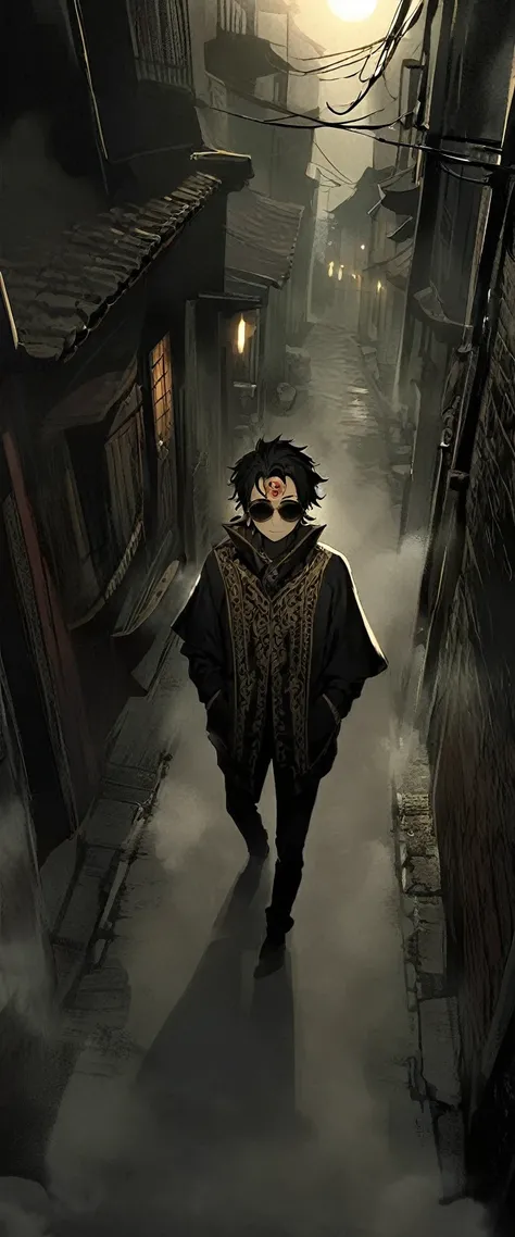 (((One person)))(((One person)))Anime Style。A black silk cape embroidered with gold patterns。Angle from above。Wearing round black sunglasses。An empty alley in the fog。A skinny young man with a thin face and beard is standing with his hands in his pockets。s...