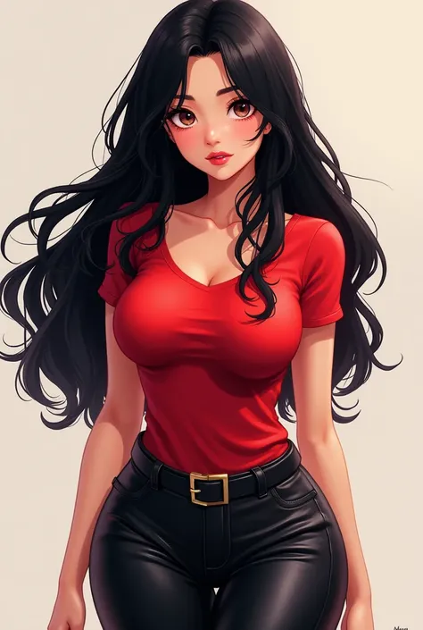 Girl with black hair. Curly red fitted t-shirt and leather leggings, cartooon, big eyes, big lips, large boobs
