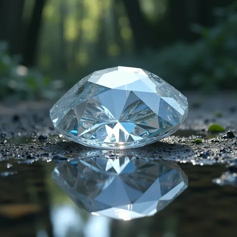 An enormous natural diamond that is uncut and untreated, found near a puddle of water casting a perfect reflection of it and its glory 